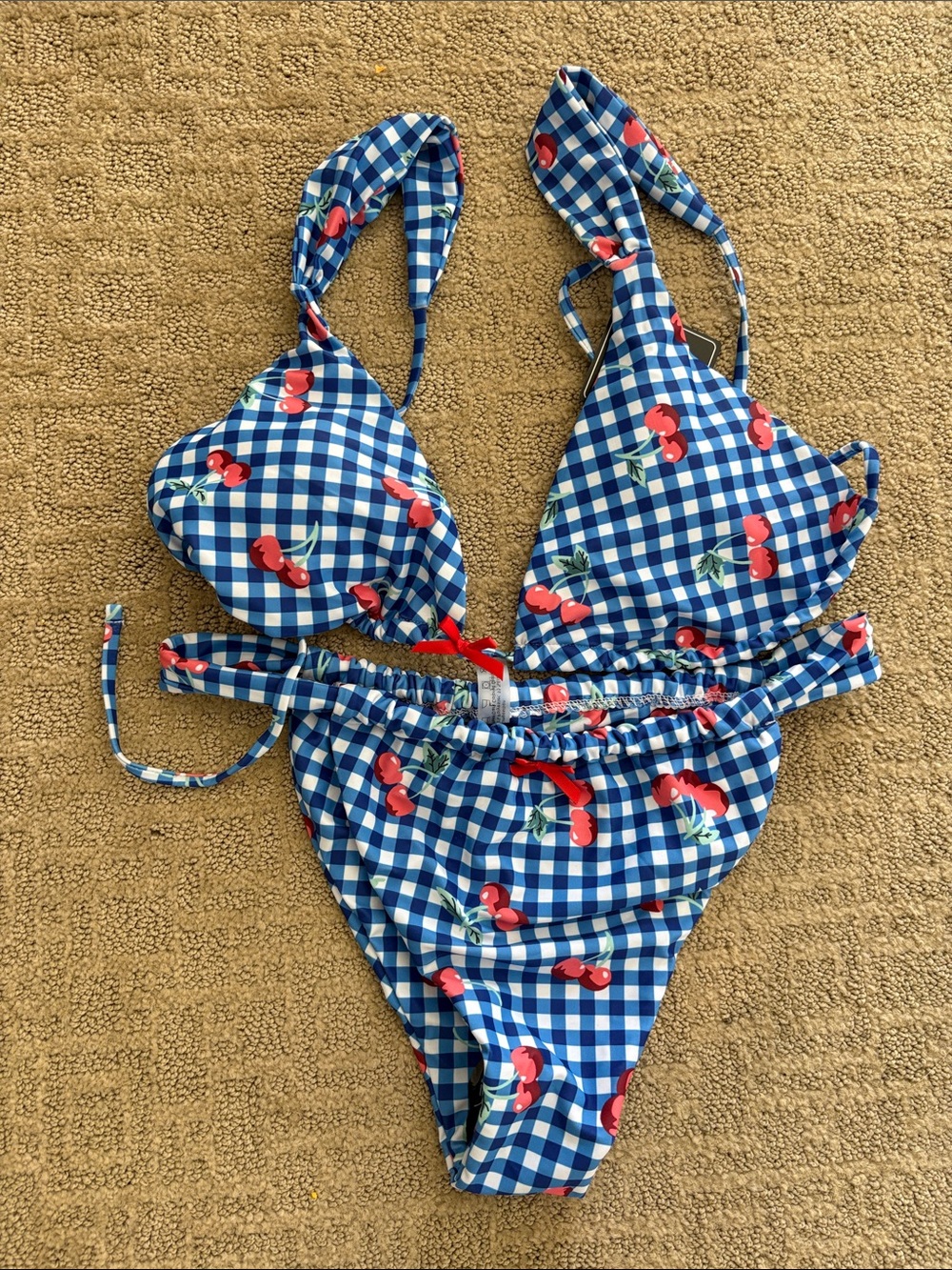 NWT Zaful Blue Gingham Cherry Print Two-Piece Swimsuit